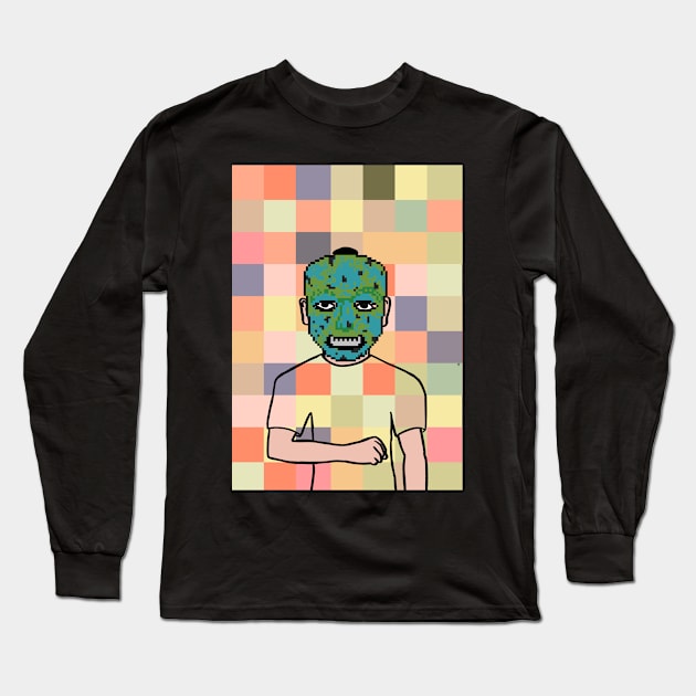 Pixelated Male Character with Dark Mask and Light Pixel Eyes Long Sleeve T-Shirt by Hashed Art